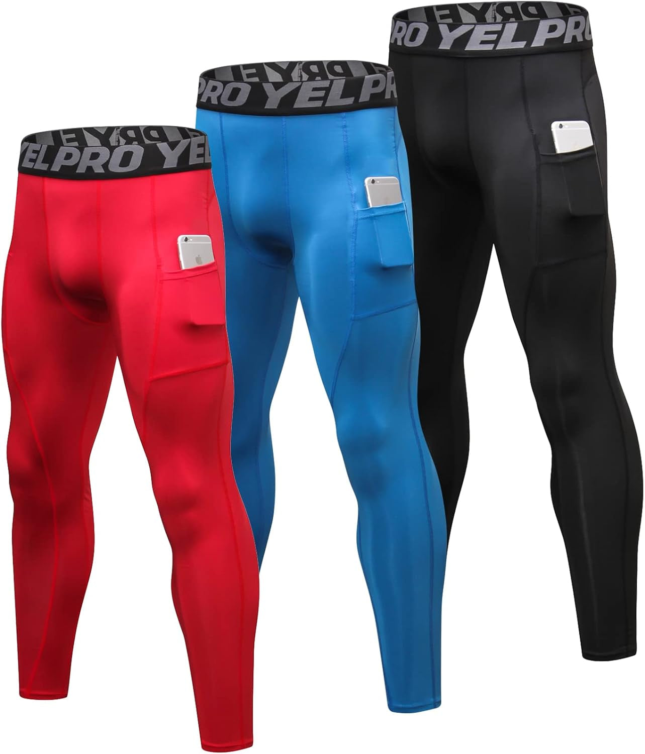 3 Pack Compression Pants Men with Pocket Workout Running Leggings Gym Tights Cool Dry Athletic Base Layer Bottoms