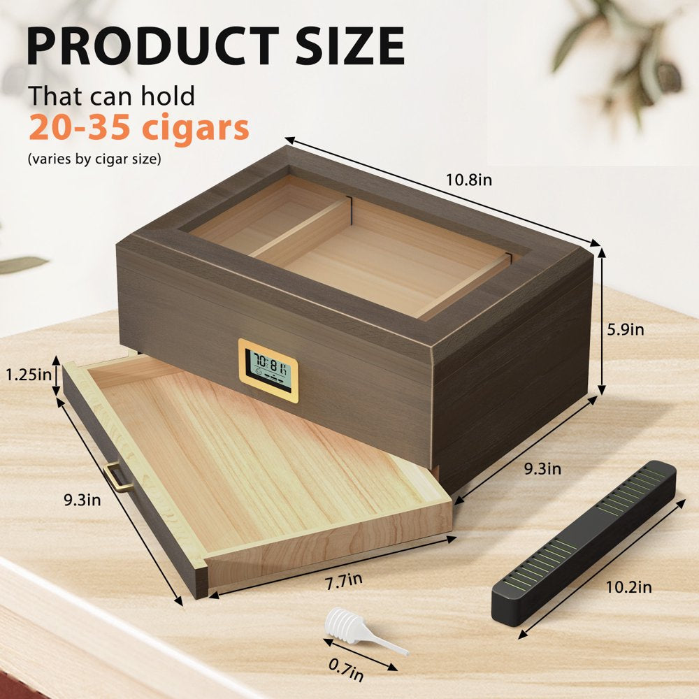 Cigar Humidor, Glass Top Desktop Humidor, Storage Box for 20-50 Cigars with Digital Hygrometer, Humidifier, Divider, Drawer & Dropper