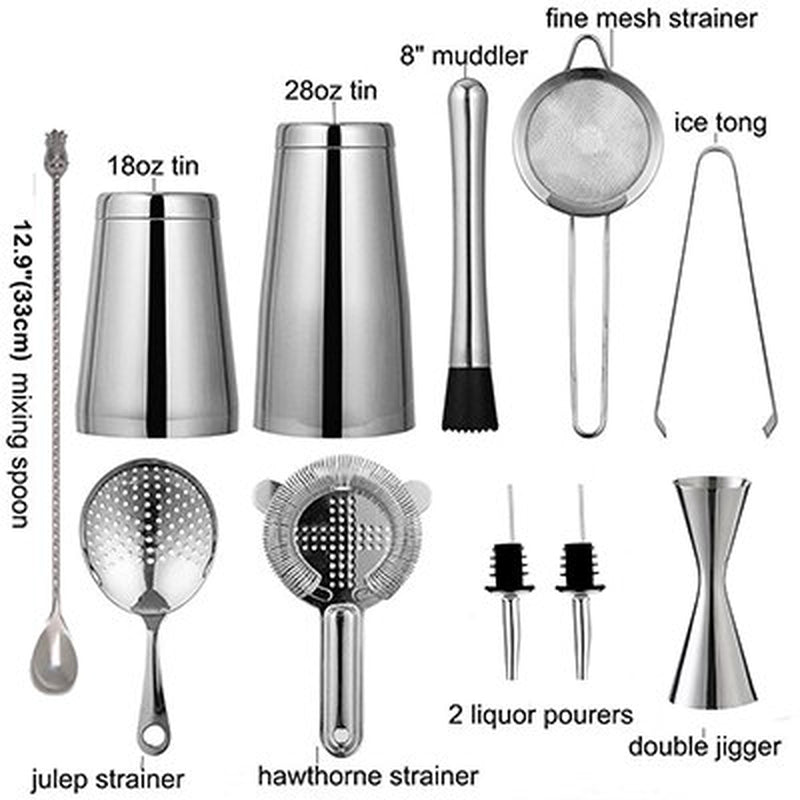 Cocktail Shaker Bar Set: Weighted Boston Shakers, Cocktail Strainer Set,Jigger, Muddler, Pineapple Bar Spoon, Ice Tong,Pourers