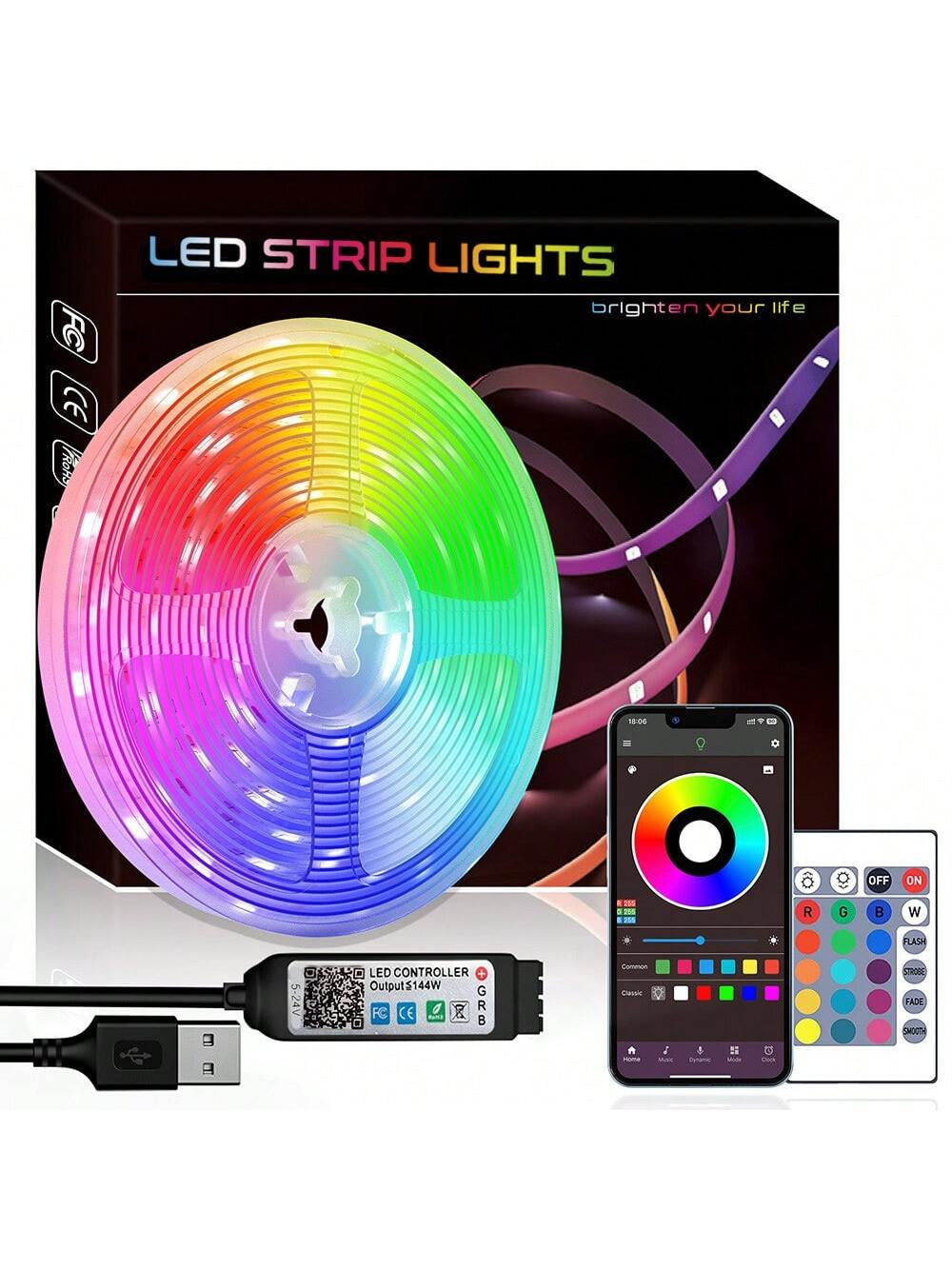 3-65FT Long Smart LED Strip Lights, USB Interface, with APP and Remote Control Control, Can Be Timed and Brightness Adjusted, Suitable for Ambient Lighting in Bedrooms, Living Rooms, Game Rooms, Etc., and Christmas Decorations