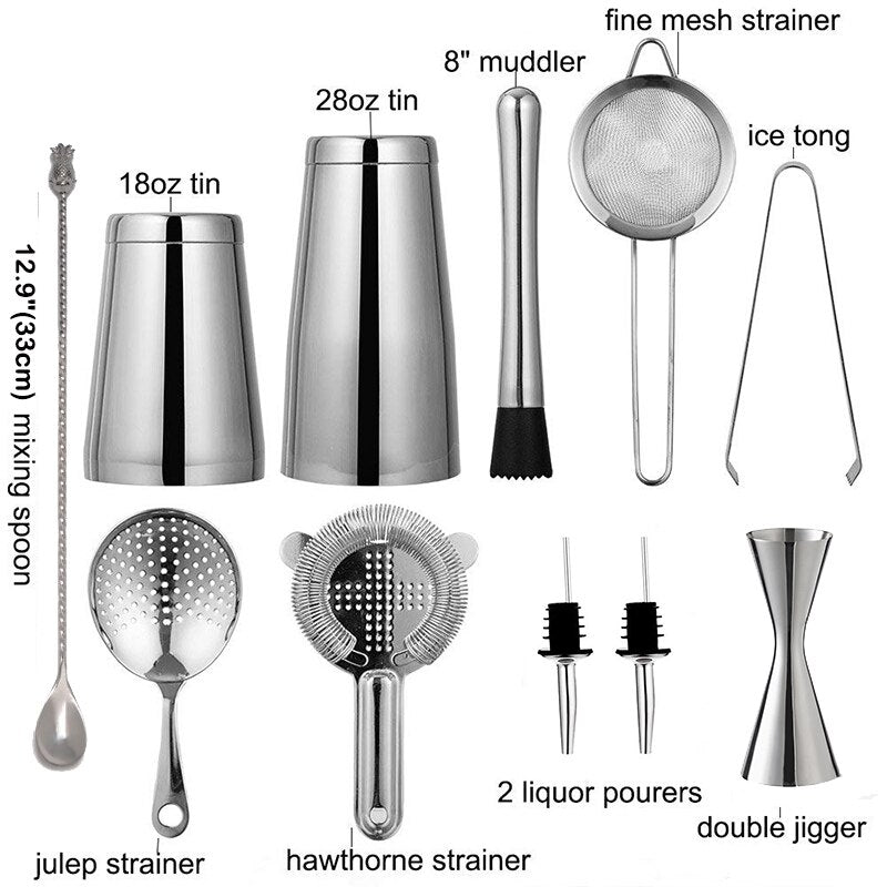 Cocktail Shaker Bar Set: Weighted Boston Shakers, Cocktail Strainer Set,Jigger, Muddler, Pineapple Bar Spoon, Ice Tong,Pourers