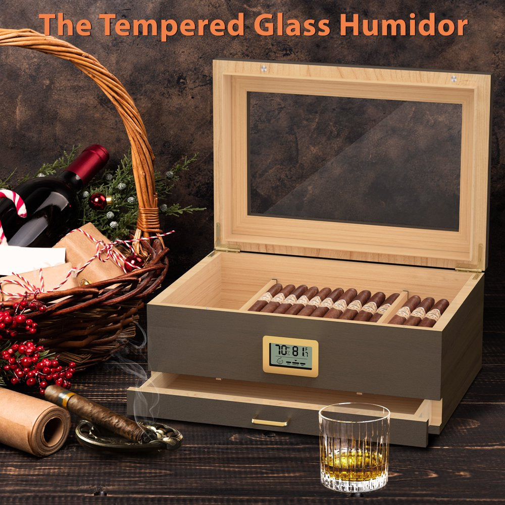 Cigar Humidor, Glass Top Desktop Humidor, Storage Box for 20-50 Cigars with Digital Hygrometer, Humidifier, Divider, Drawer & Dropper