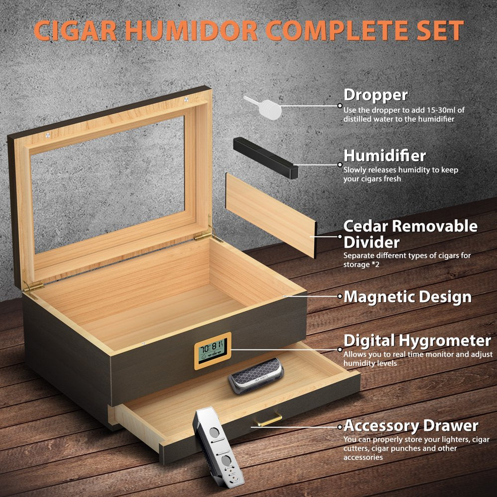 Cigar Humidor, Glass Top Desktop Humidor, Storage Box for 20-50 Cigars with Digital Hygrometer, Humidifier, Divider, Drawer & Dropper