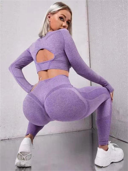 2Pcs Sports Suits Long Sleeve Hollow Design Tops and Butt Lifting High Waist Seamless Fitness Leggings Sports Gym Sportswear Outfits Clothing